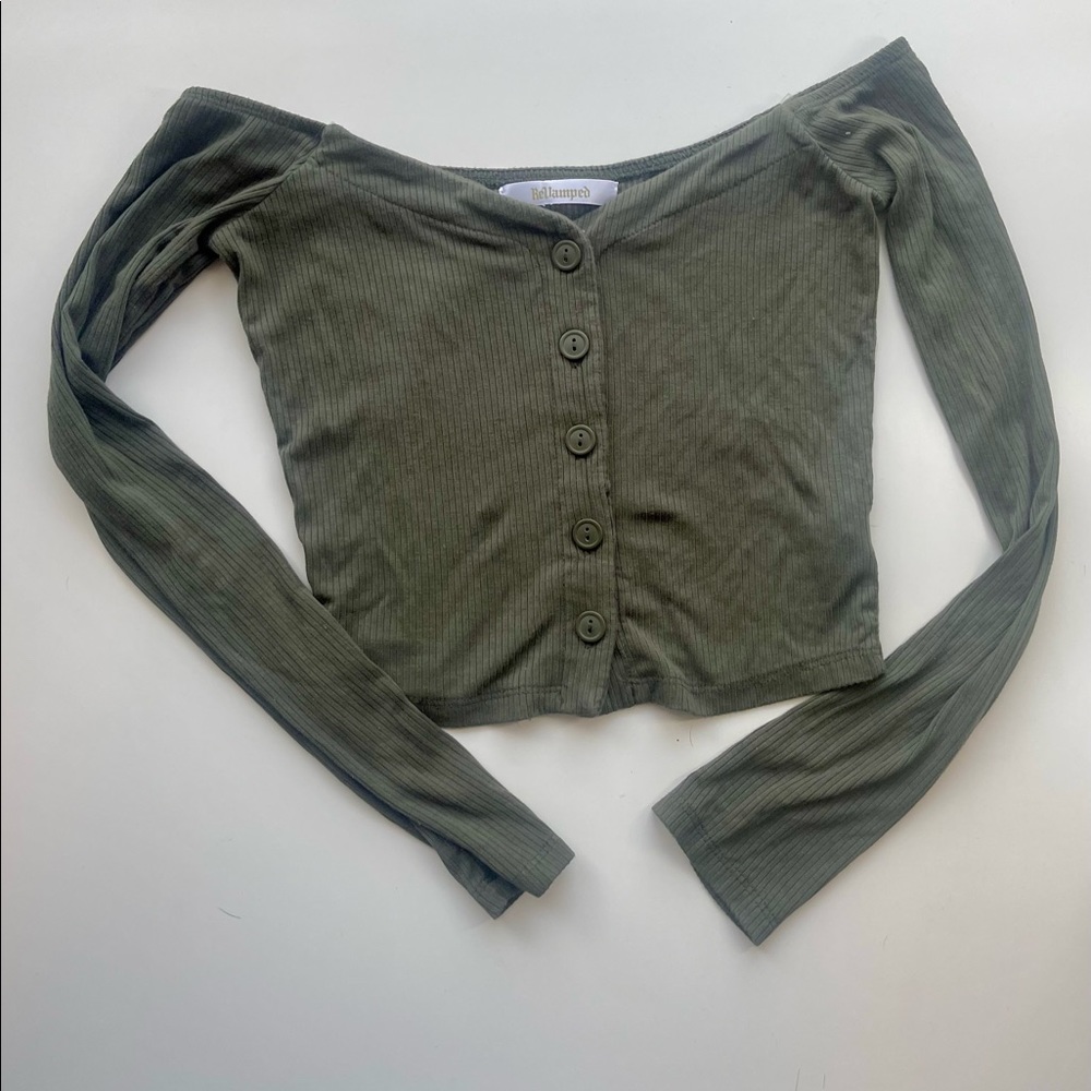 Revamped off the shoulder green/olive button off shirt!